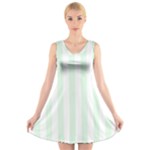 Vertical Stripes - White and Pale Green V-Neck Sleeveless Dress