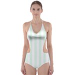 Vertical Stripes - White and Pale Green Cut-Out One Piece Swimsuit