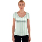 Vertical Stripes - White and Pastel Green Women s V-Neck Cap Sleeve Top