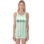 Vertical Stripes - White and Mint Green One Piece Boyleg Swimsuit