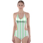 Vertical Stripes - White and Mint Green Cut-Out One Piece Swimsuit