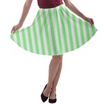 Vertical Stripes - White and Light Green A-line Skater Skirt