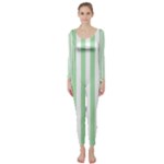 Vertical Stripes - White and Celadon Green Long Sleeve Catsuit