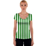 Vertical Stripes - White and Green Women s V-Neck Cap Sleeve Top