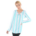 Vertical Stripes - White and Celeste Cyan Women s Tie Up Tee