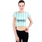 Vertical Stripes - White and Celeste Cyan Crew Neck Crop Top