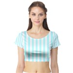 Vertical Stripes - White and Celeste Cyan Short Sleeve Crop Top (Tight Fit)