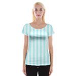 Vertical Stripes - White and Celeste Cyan Women s Cap Sleeve Top