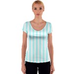 Vertical Stripes - White and Celeste Cyan Women s V-Neck Cap Sleeve Top