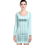 Vertical Stripes - White and Celeste Cyan Long Sleeve Bodycon Dress