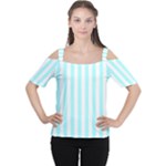 Vertical Stripes - White and Celeste Cyan Women s Cutout Shoulder Tee