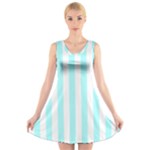 Vertical Stripes - White and Celeste Cyan V-Neck Sleeveless Dress