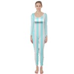 Vertical Stripes - White and Celeste Cyan Long Sleeve Catsuit