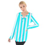 Vertical Stripes - White and Aqua Cyan Women s Tie Up Tee