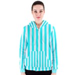 Vertical Stripes - White and Aqua Cyan Women s Zipper Hoodie