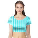 Vertical Stripes - White and Aqua Cyan Short Sleeve Crop Top (Tight Fit)