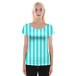 Vertical Stripes - White and Aqua Cyan Women s Cap Sleeve Top