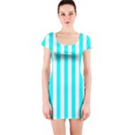 Vertical Stripes - White and Aqua Cyan Short Sleeve Bodycon Dress