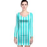 Vertical Stripes - White and Aqua Cyan Long Sleeve Bodycon Dress