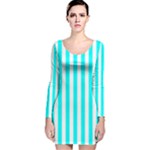 Vertical Stripes - White and Aqua Cyan Long Sleeve Velvet Bodycon Dress