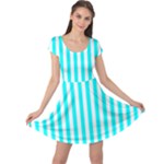 Vertical Stripes - White and Aqua Cyan Cap Sleeve Dress