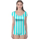 Vertical Stripes - White and Aqua Cyan Boyleg Leotard (Ladies)