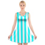 Vertical Stripes - White and Aqua Cyan V-Neck Sleeveless Dress