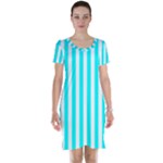 Vertical Stripes - White and Aqua Cyan Short Sleeve Nightdress