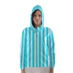 Vertical Stripes - White and Aqua Cyan Hooded Wind Breaker (Women)