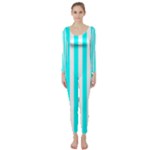 Vertical Stripes - White and Aqua Cyan Long Sleeve Catsuit