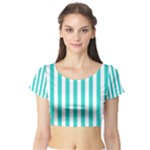 Vertical Stripes - White and Turquoise Short Sleeve Crop Top (Tight Fit)