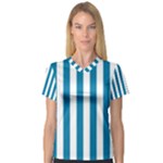 Vertical Stripes - White and Cerulean Women s V-Neck Sport Mesh Tee