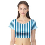 Vertical Stripes - White and Cerulean Short Sleeve Crop Top (Tight Fit)