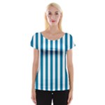 Vertical Stripes - White and Cerulean Women s Cap Sleeve Top