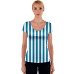 Vertical Stripes - White and Cerulean Women s V-Neck Cap Sleeve Top