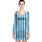 Vertical Stripes - White and Cerulean Long Sleeve Bodycon Dress