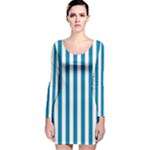 Vertical Stripes - White and Cerulean Long Sleeve Velvet Bodycon Dress