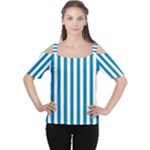 Vertical Stripes - White and Cerulean Women s Cutout Shoulder Tee