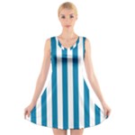 Vertical Stripes - White and Cerulean V-Neck Sleeveless Dress