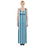 Vertical Stripes - White and Cerulean Maxi Thigh Split Dress