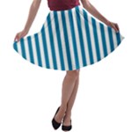 Vertical Stripes - White and Cerulean A-line Skater Skirt