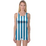 Vertical Stripes - White and Cerulean One Piece Boyleg Swimsuit