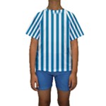 Vertical Stripes - White and Cerulean Kid s Short Sleeve Swimwear