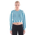 Vertical Stripes - White and Cerulean Women s Cropped Sweatshirt