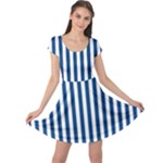 Vertical Stripes - White and Dark Cerulean Cap Sleeve Dress