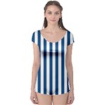 Vertical Stripes - White and Dark Cerulean Boyleg Leotard (Ladies)