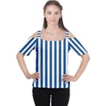 Vertical Stripes - White and Dark Cerulean Women s Cutout Shoulder Tee