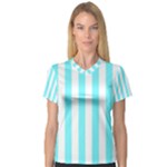 Vertical Stripes - White and Electric Blue Women s V-Neck Sport Mesh Tee