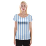 Vertical Stripes - White and Baby Blue Women s Cap Sleeve Top