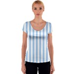 Vertical Stripes - White and Baby Blue Women s V-Neck Cap Sleeve Top